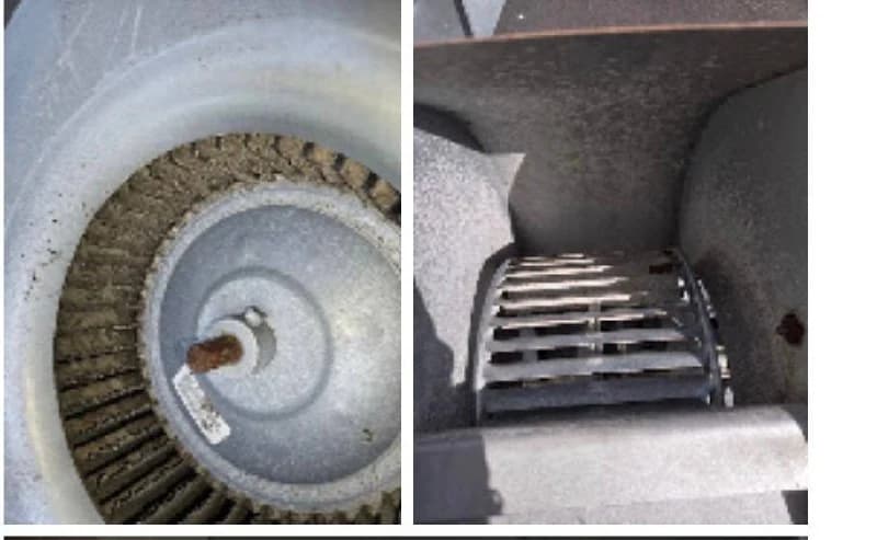 The same AC blower wheel before and after equipment cleaning