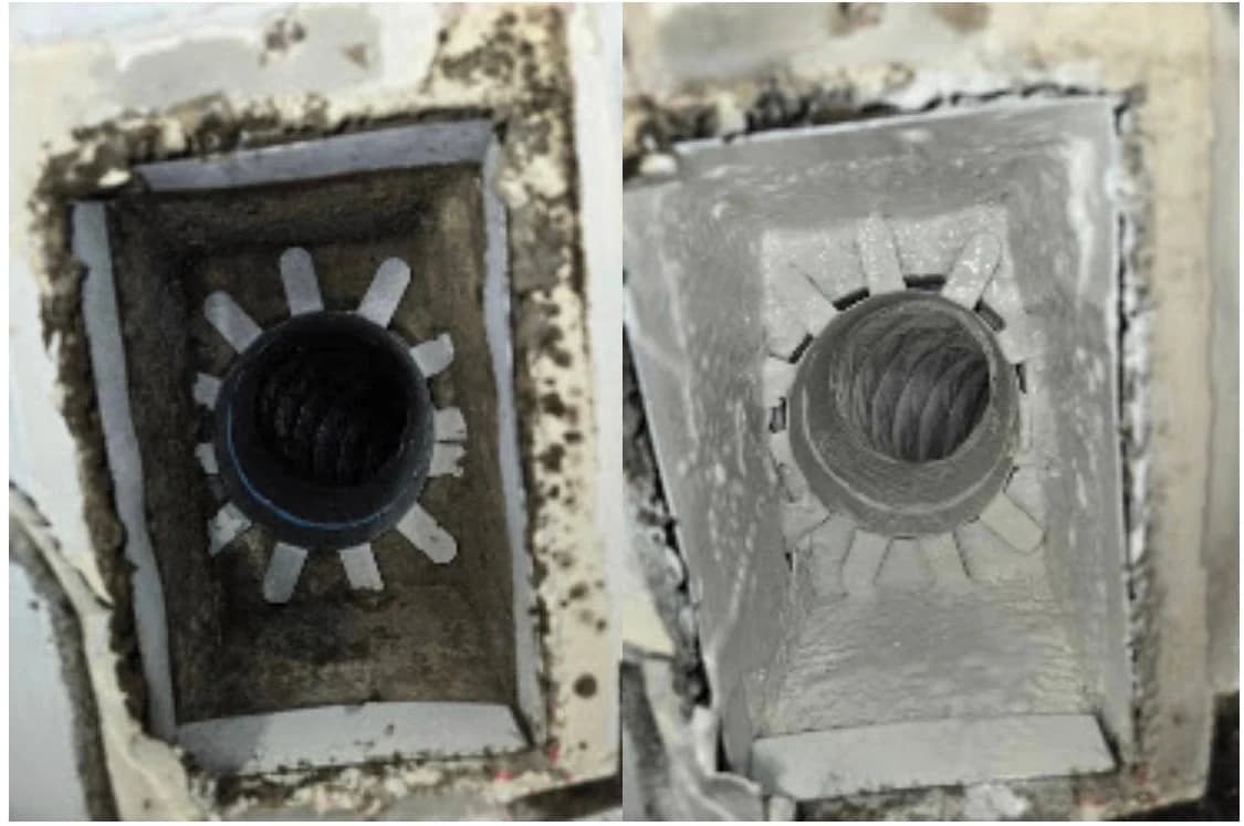 The same duct opening before and after painting